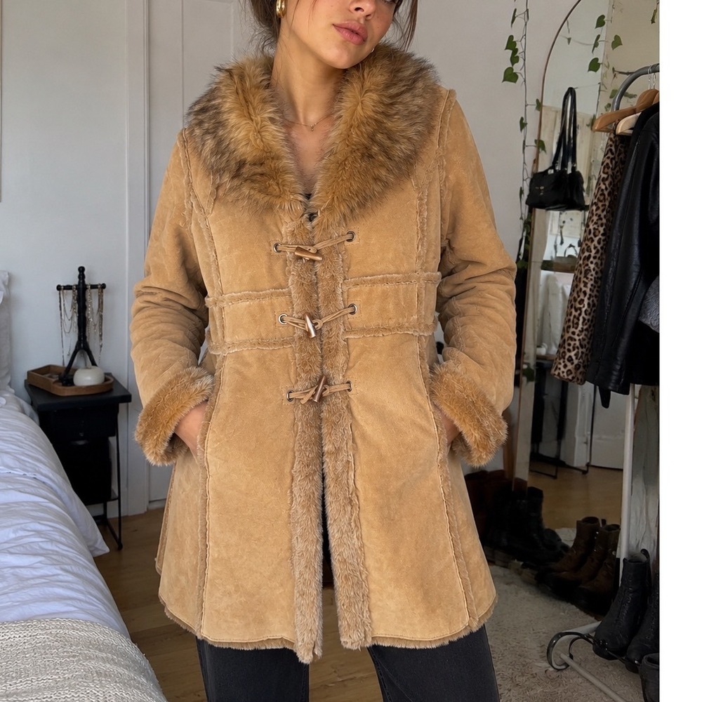 Vtg Tan Suede Leather Shearling Faux Fur Trim Toggle Coat Jacket L Dennis Basso